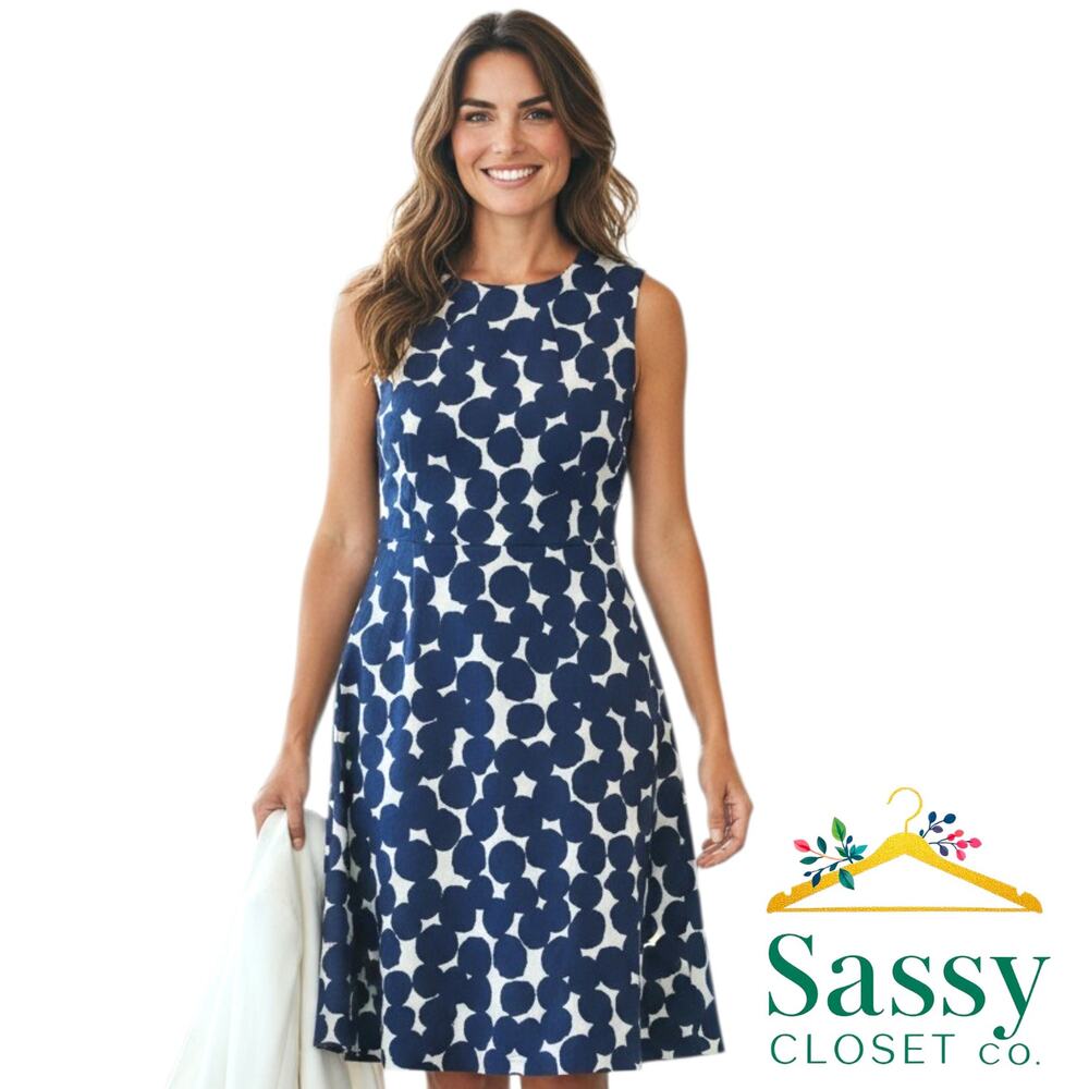 Anne Klein Navy White Polka Dot Textured Cotton Jacquard A-Line Dress 6 Lined